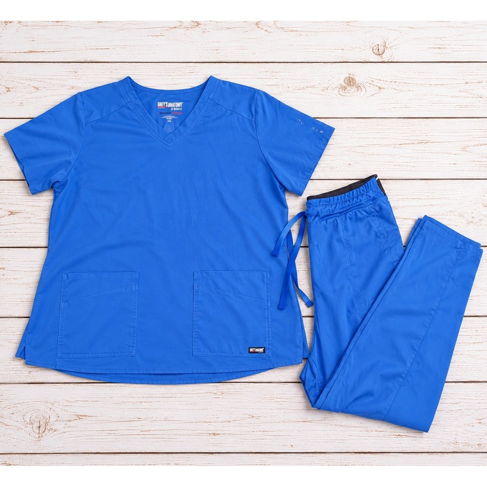 Grey's Anatomy by Barco Scrub Set Blue Spandex Stretch VNeck Top & Pants 2XL/3XL